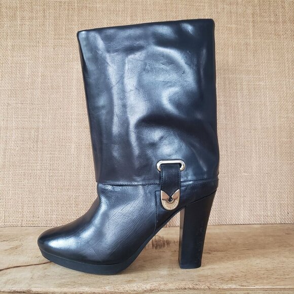 Gianfranco Ferré Black Leather High Heel Fur Lined Fold Over Moto Boots EU 37 - Picture 11 of 15